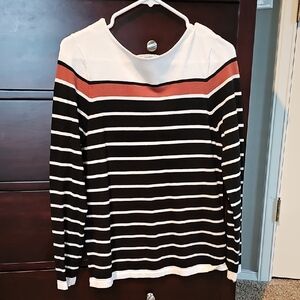 Pink Clover Black and White Striped Sweater with Red Accent